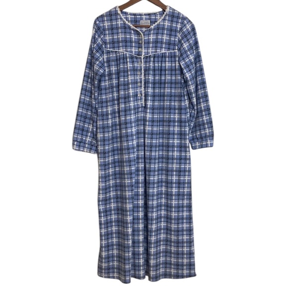 Lanz of Salzburg Nightgown Womens Medium Blue White Plaid Fleece PJs Pockets - Picture 1 of 13